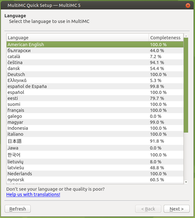 MultiMC language selection dialog, showing a large collection of languages and a translation completion percentage.