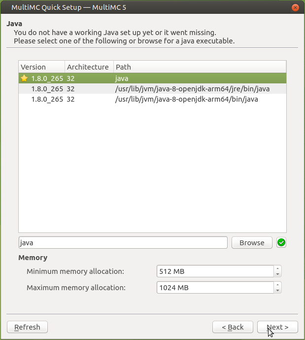 MultiMC java options dialog. Provides settings for the path to the Java executable, and the min and max memory allocation values for the JVM heap.
