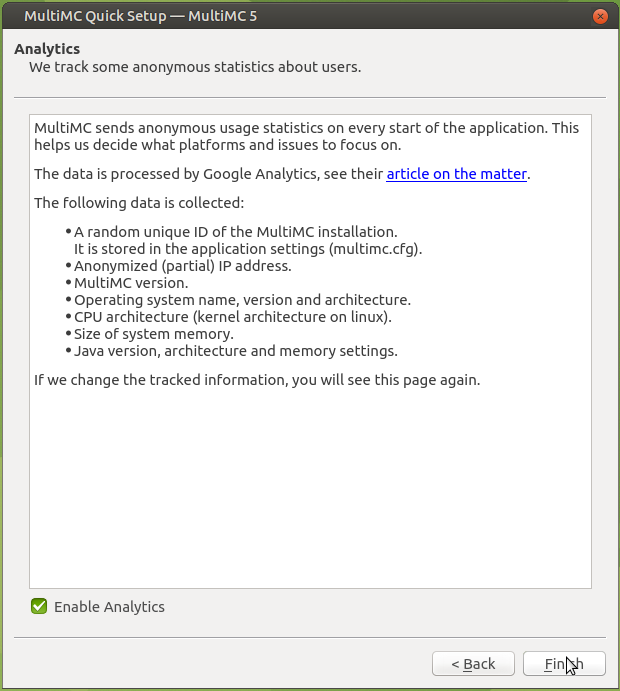 MultiMC's analytics disclosure and opt-out screen.