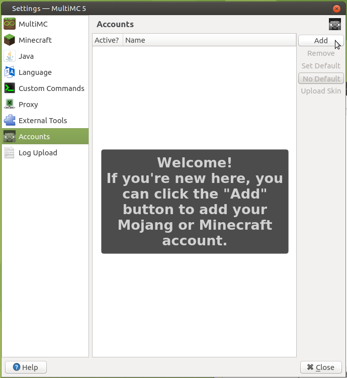 MultiMC's Account settings page, where you can manage your Mojang account info.