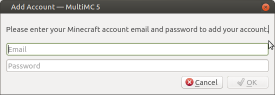 Add Account dialog, with email and password fields for Mojang login credentials.