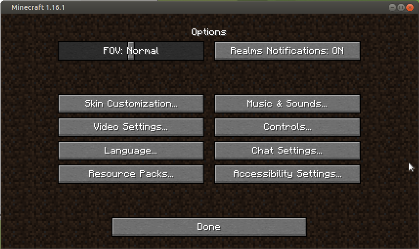 The Minecraft options menu. The video options button is in the left column.