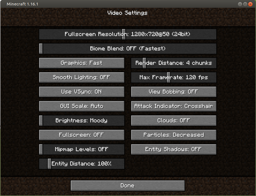 The Minecraft video options screen with all of the options turned down to minimum quality, in order to improve performance on the Raspberry Pi's weak hardware.