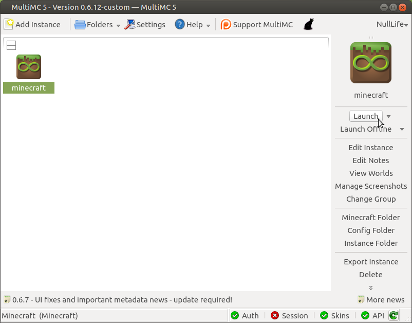 The main page again, this time populated with our new instance of Minecraft. The right-hand menu now has some options enabled for working with our instance, including the Launch button to start a game.
