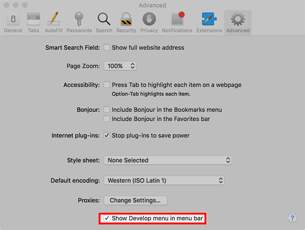 Enable develop menu in Safari.