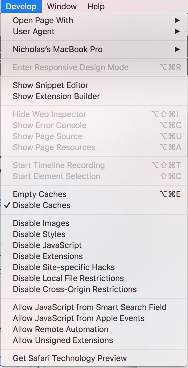 disable cache safari developer tools