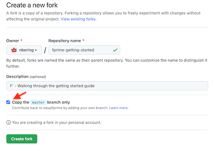 GitHub fork repository form, with an arrow highlighting the 'Copy the master branch only' checkbox.