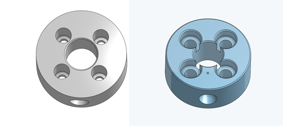 CAD render of original coupler (left) and my version for the metal horn (right).